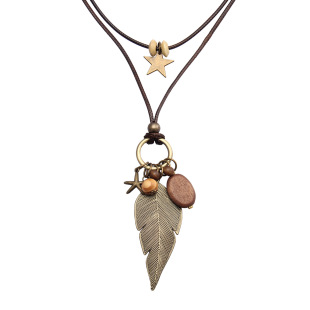 Vintage Jewelry Double-layer Leaves Long Necklace Artistic Cotton and Linen Accessories Pendant Woolen Chain Mother's Day Gift