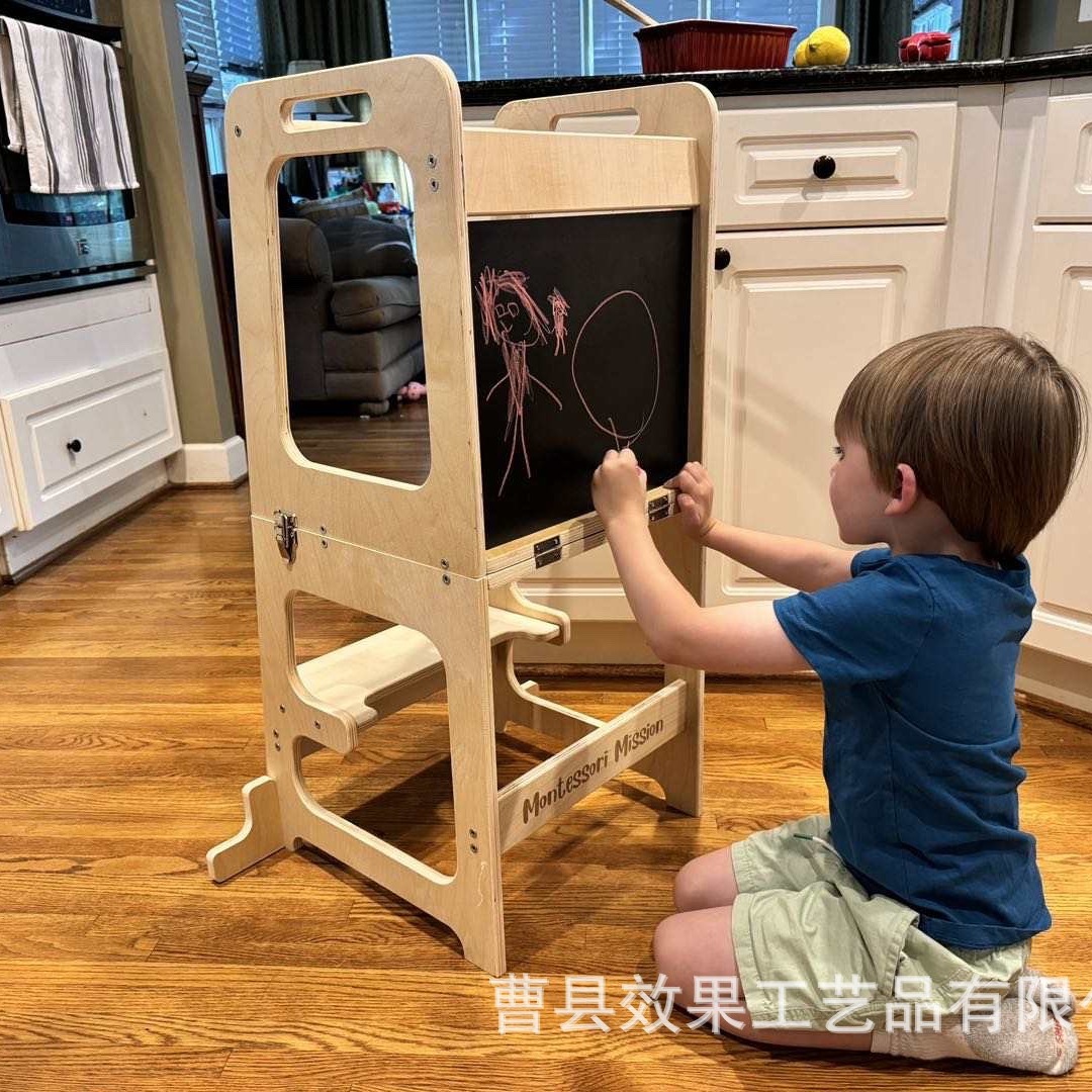 In-Stock Solid Wood Learning Tower with Blackboard for Home Use, Wooden Toddler Walking Tower, Children's Wooden Step Stool, Ladder Stool