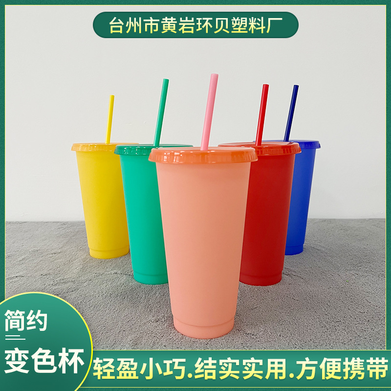批发时尚创意变色塑料水杯感温PP710ml吸管杯便携套装感温变色杯