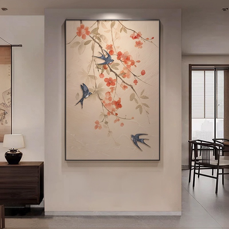新中式入户玄关装饰画喜上眉梢中古风挂画过道走廊壁画油画|undefined