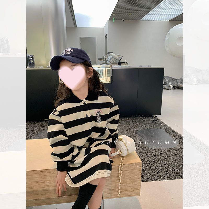 Girls Korean Style Dress 2024 New Spring and Autum Kidsren's Style Casual Stripesd Polo Collar Sweatshirt Dress