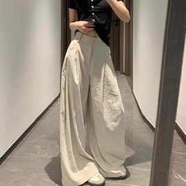 休闲奶芙阔腿裤女学生春夏新款高腰垂感慵懒小个子薄款拖地西装裤