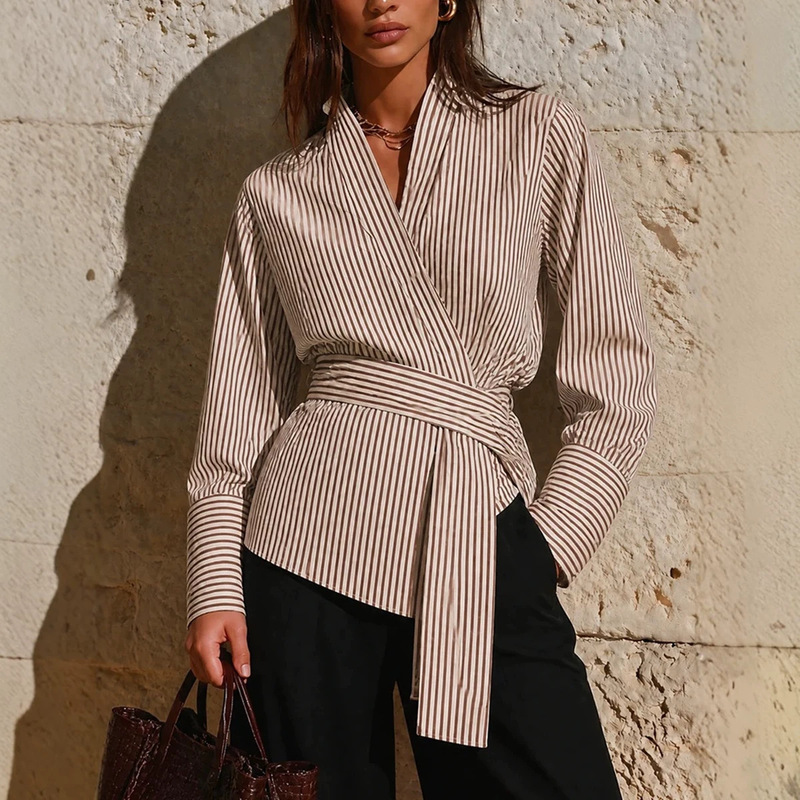 2026 New Model Cross-Border European Independent Station American Retro Striped Belted Wrap V-Neck Shirt 2026 New Model Cross-Border European Independent Station American Retro Striped Belted Wrap V-Neck Shirt