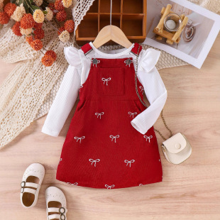 Foreign Trade Cross-Border European and American Autumn and Winter Girls' Suits for Small and Medium-Sized Children Red Bow Suspender Skirt + Long-Sleeved Children's Clothing Wholesale