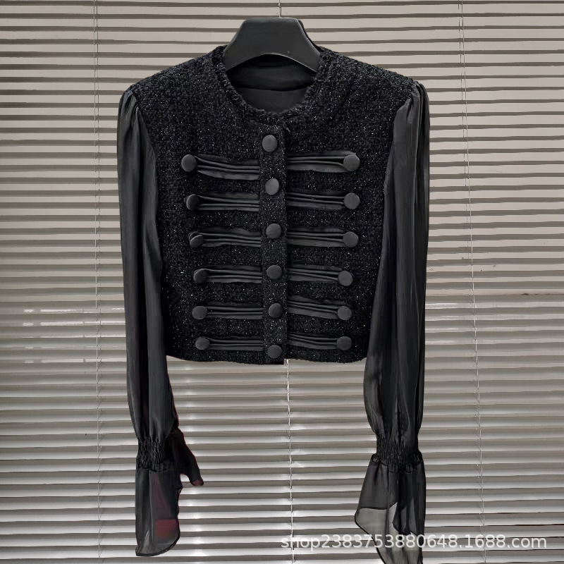 Trendy 2025 Autumn New Light Luxury Embroidered Rib Button Mesh Sleeve Patchwork Tweed Short Jacket Top