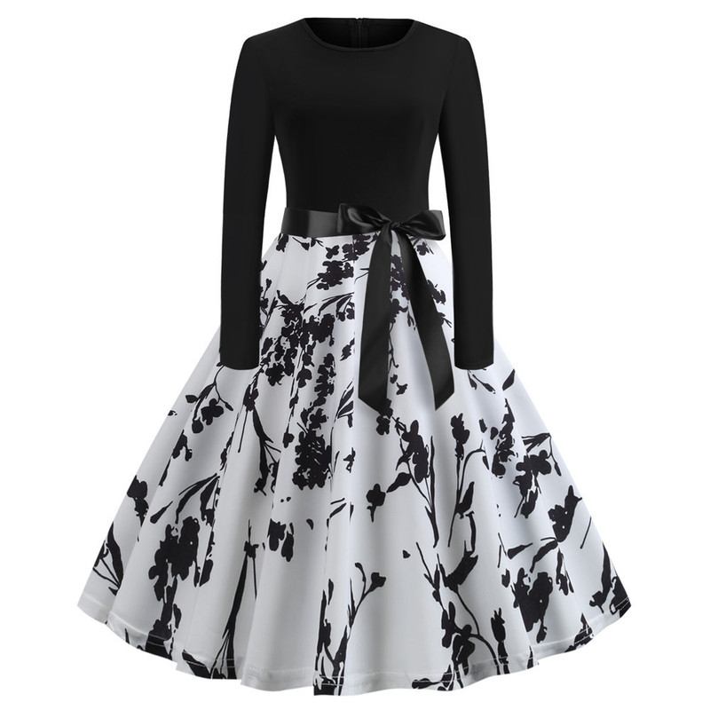 Europe and the United States new dress sexy slim stretch retro printing long sleeve round neck women's clothing in the long factory direct supply