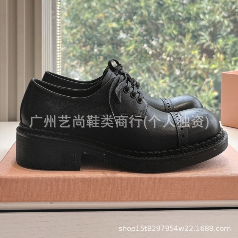 高品质~2025新款啊miu家新款做旧小皮鞋女系带真皮百搭乐福鞋单鞋|undefined