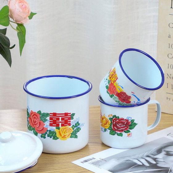 Enamel Flower Cover Cup Enamel Cup Happy Character Retro Flower Cover Cup Old-fashioned Enamel Tea Tank Cup Enamel Cup Double Happiness Flower Cup