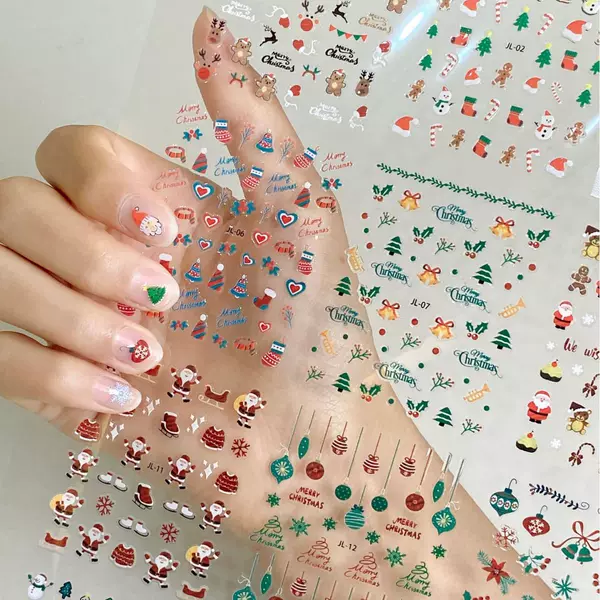 Cross-Border Christmas Nail Art Stickers Glitter Snowflake Elk Nail Stickers 3D Stereo Adhesive Decorative Stickers with Adhesive Backing