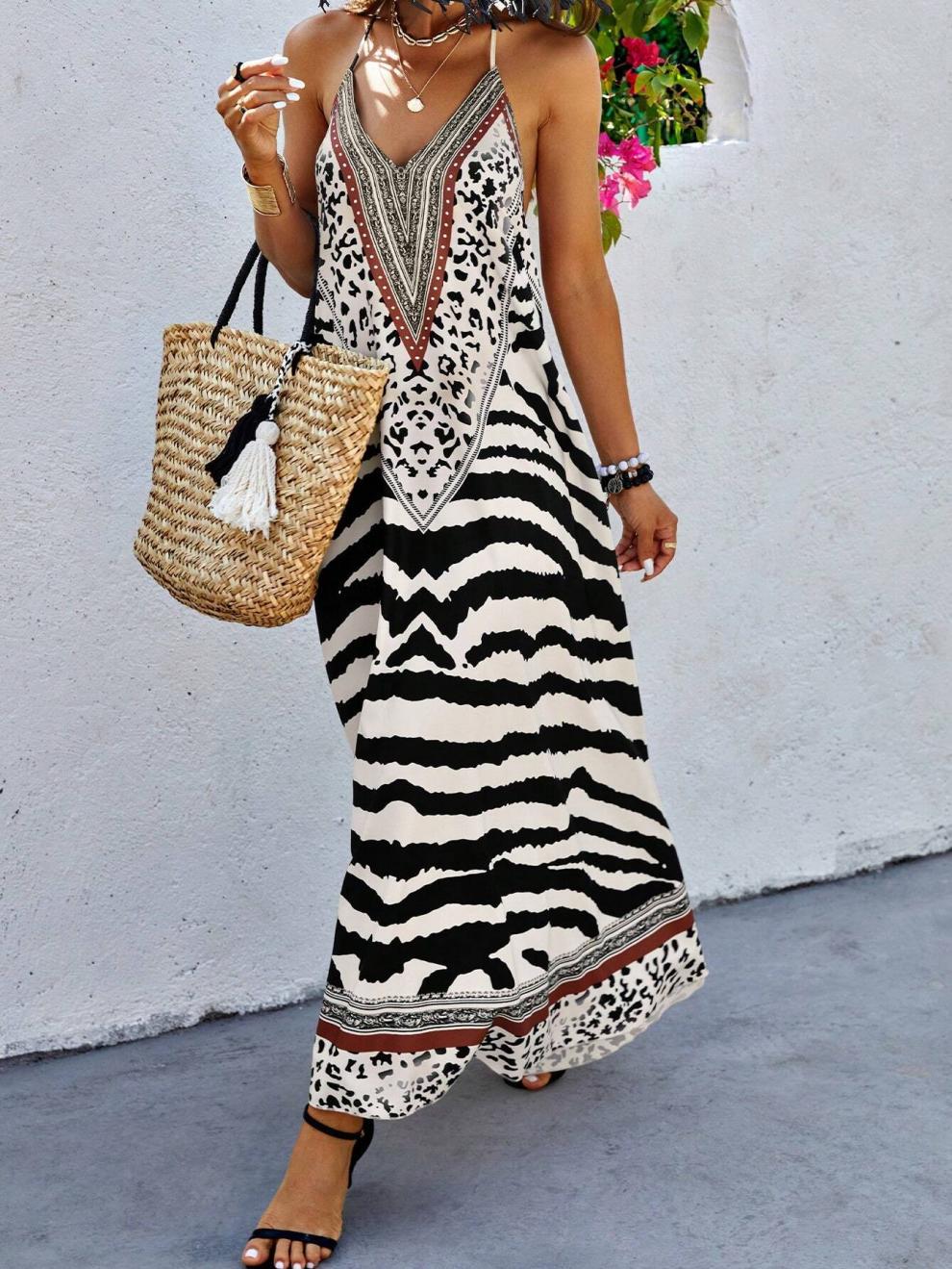 Sleeveless Sleeve Type Wholesale Women's Streetwear Zebra Holiday Halter Neck Sleeveless Strap Dress