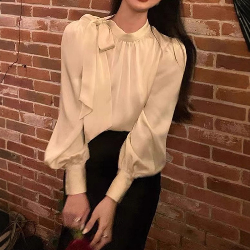 Bow-Tie White Shirt for Women, Spring & Fall Design, Niche French Professional Acetate Satin Shirt, Petite Top Bow-Tie White Shirt for Women, Spring & Fall Design, Niche French Professional Acetate Satin Shirt, Petite Top