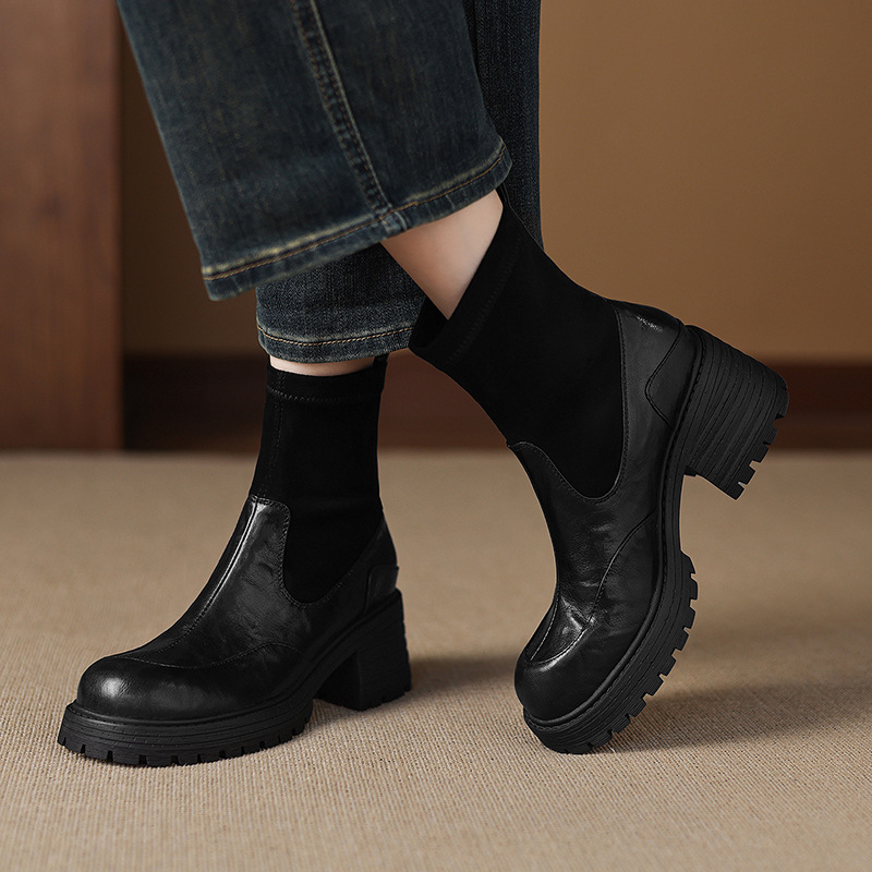 Boot cổ ngắn cao gót đế dày mũi tròn phong cách retro thu đông 2025, phối dệt kim, gót thô ôm chân — nhung đen, Nhung nâu, Lớp lót đơn màu đen, Lớp lót đơn màu nâu