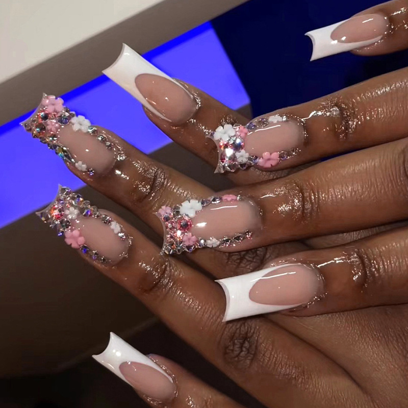 【Special Offer】French-Style Sparkling Rhinestone Press-On Nails with 3D Flower Design, White French Edge, Dazzling Fake Nails, 24 Pieces Nail Art 【Special Offer】French-Style Sparkling Rhinestone Press-On Nails with 3D Flower Design, White French Edge, Dazzling Fake Nails, 24 Pieces Nail Art