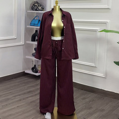 ヨーロッパとアメリカのクロスボーダー婦人服 2025 夏の新ファッションラペルストライプ長袖シャツワイドレッグパンツカジュアルスーツ
