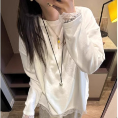 韩系感蕾丝花边长袖T恤女春秋宽松棉打底衫内搭可外穿上衣