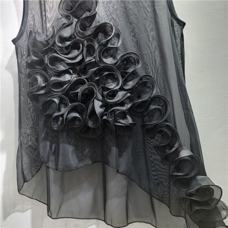 2026 primavera y verano nuevo estilo francés flores de cuello en V de malla transparente sin mangas chaleco de clip de caballo