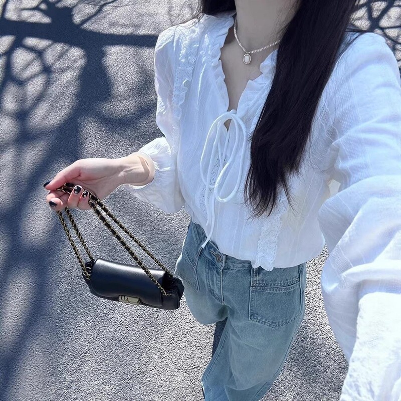 French-style lace-up embroidered white shirt for women, early spring chic and gentle style, unique and beautiful top French-style lace-up embroidered white shirt for women, early spring chic and gentle style, unique and beautiful top