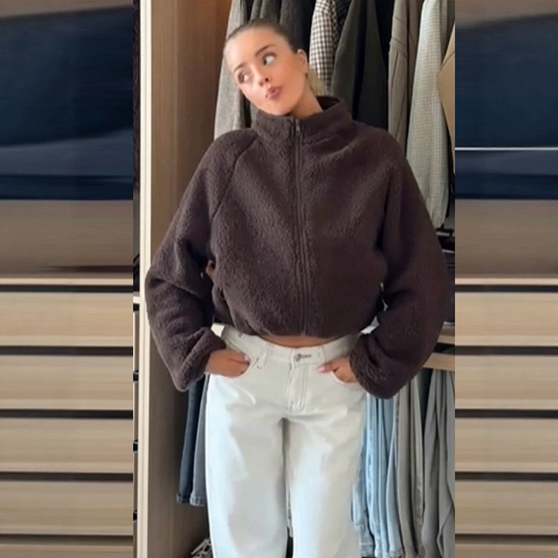 Cross-border European and American style stand-up collar zip-up jacket for women, short silhouette, teddy plush, loose, warm, vintage jacket top Cross-border European and American style stand-up collar zip-up jacket for women, short silhouette, teddy plush, loose, warm, vintage jacket top