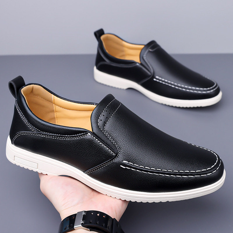 Giày lười nam cỡ lớn may thủ công, giày da casual xỏ chân, đế bằng, mũi dẹt — Màu xanh dương, màu đen