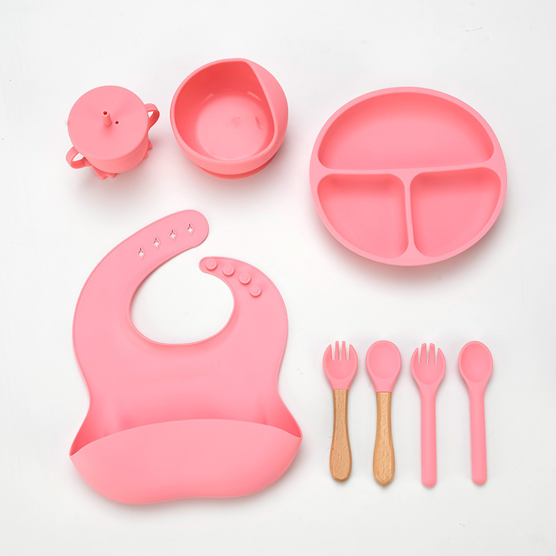 新しいベビーシリコン食器セット、8点セット、食品グレードの幼児用シリコン食器|undefined