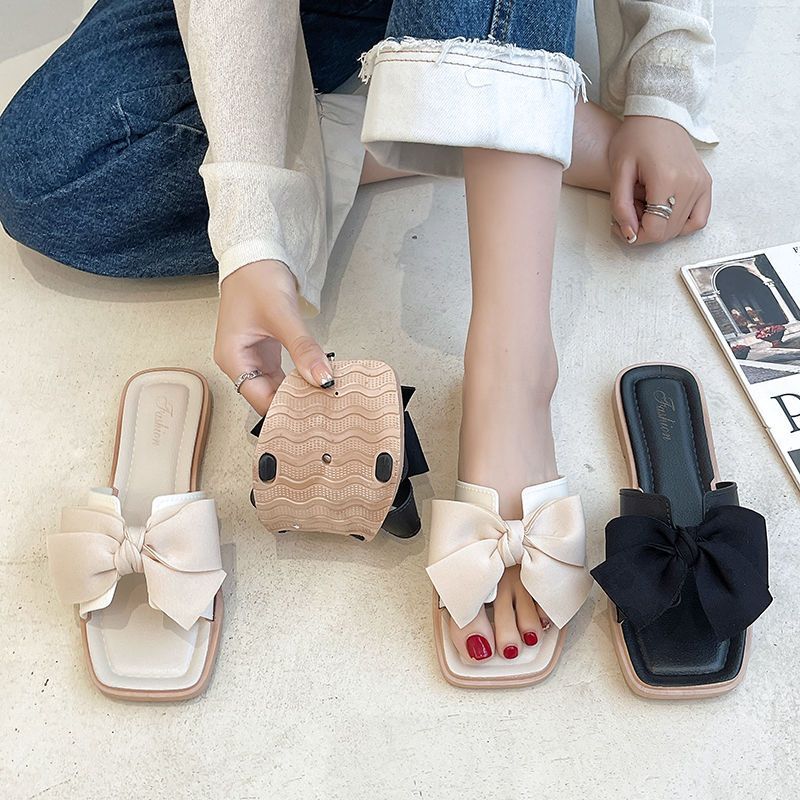 Flower Slippers For Female Outerwear New Fashionable And Versatile Flat Bottomed Flip Flop Bow Tie Sandal