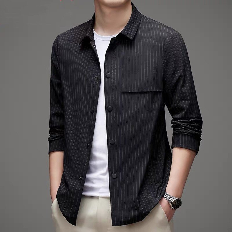 2022 Spring Jacket for Middle-Aged Men, Business Casual Shirt-Style Coat, Striped Top, Thin Workwear Style, Long Sleeves 2022 Spring Jacket for Middle-Aged Men, Business Casual Shirt-Style Coat, Striped Top, Thin Workwear Style, Long Sleeves