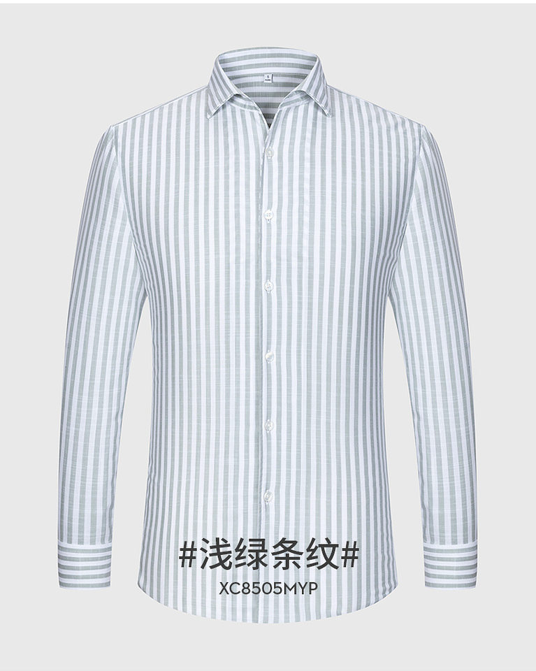 Áo sơ mi nam dài tay cổ một mảnh vải lanh giả Tencel chống nhăn form rộng — Cổ áo sọc mơ 09, Sọc xanh nhạt-một cổ áo 05 chi tiết 17