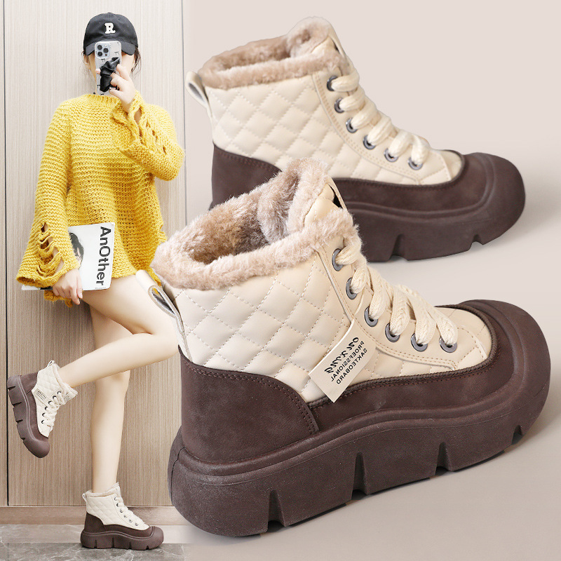 Hy618 Neue Herbst-Winter-Damenschuhe aus Baumwolle mit Farbblock-Design, warm, hoher Schaft, Fleece-Futter, dicke Sohle mit Höhenverstärkung, schlicht_voghion.com