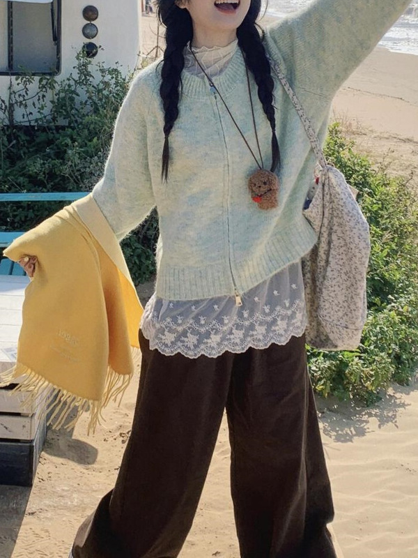 绿色毛衣外套女款2025新款春秋韩系独特超好看慵懒风宽松针织开衫|undefined