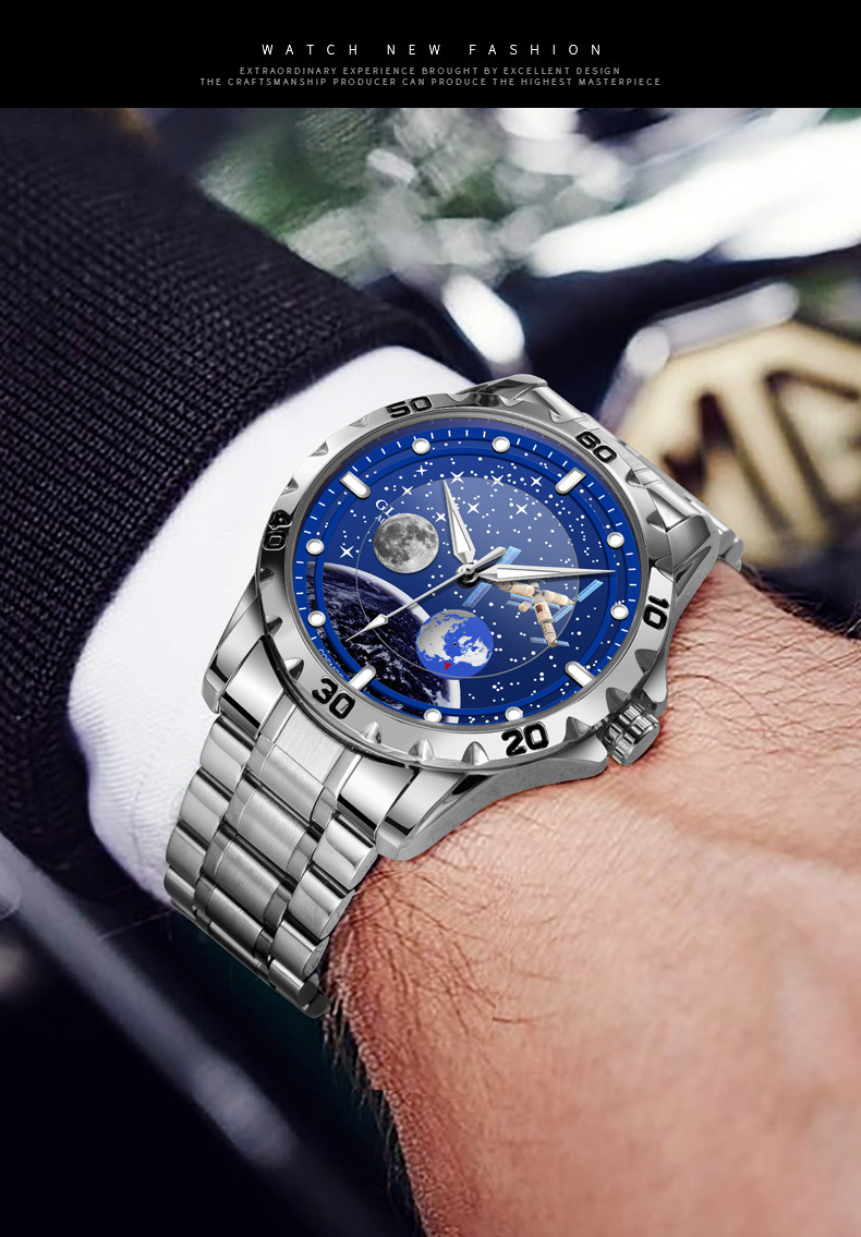 Đồng hồ nam automatic lộ máy dây thép cao cấp — Dây thép vàng Intershell, Dải thép bạc vỏ bạc chi tiết 4