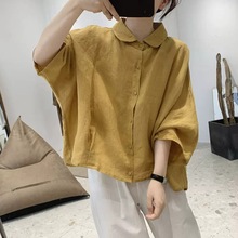 棉麻衬衫女士2025夏季新款复古设计感宽松显瘦衬衣五分袖薄款上衣