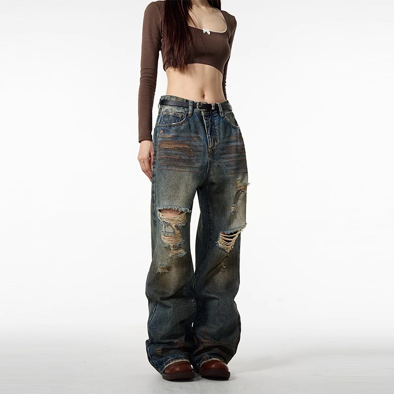American Style High Street Retro Ripped Jeans Men's Spring and Autumn New Fashionable Brand Yipi Shuai Fried Street Straight Loose Long Pants