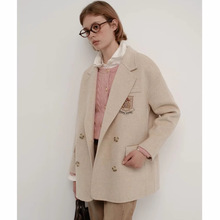 秋冬新款双排扣徽章毛呢外套女中长款时尚学院风长袖通勤呢子大衣