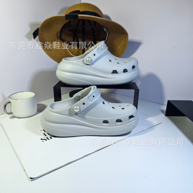 2025 Summer New Style Ultra-Thick-Soled Women's Outdoor Beach Sandals with a Stepping-On-Clouds Feel, Pearl Buckle, and Perforated Design