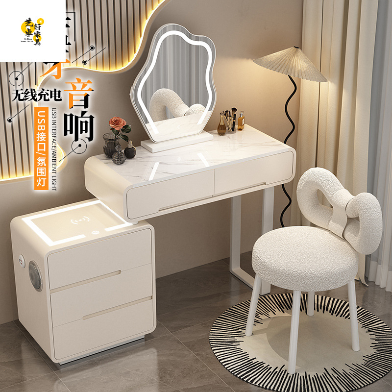 Solid Wood Cream-Style Slate Dressing Table and Bedside Table Combo for Small Apartments, Trendy Retractable Makeup Table for Bedroom