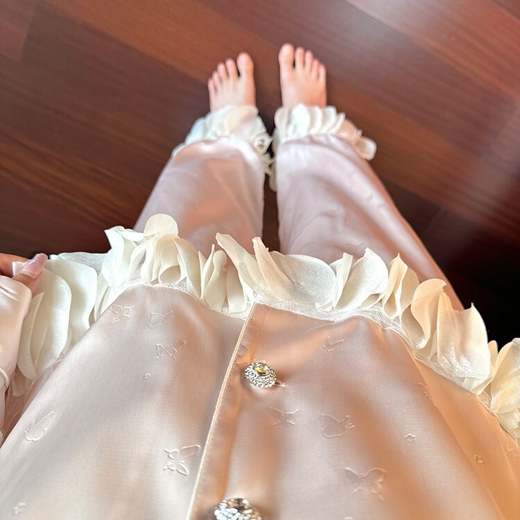 法式公主风粉色冰丝睡衣女秋季2025年新款长袖长裤家居服两件套潮|undefined