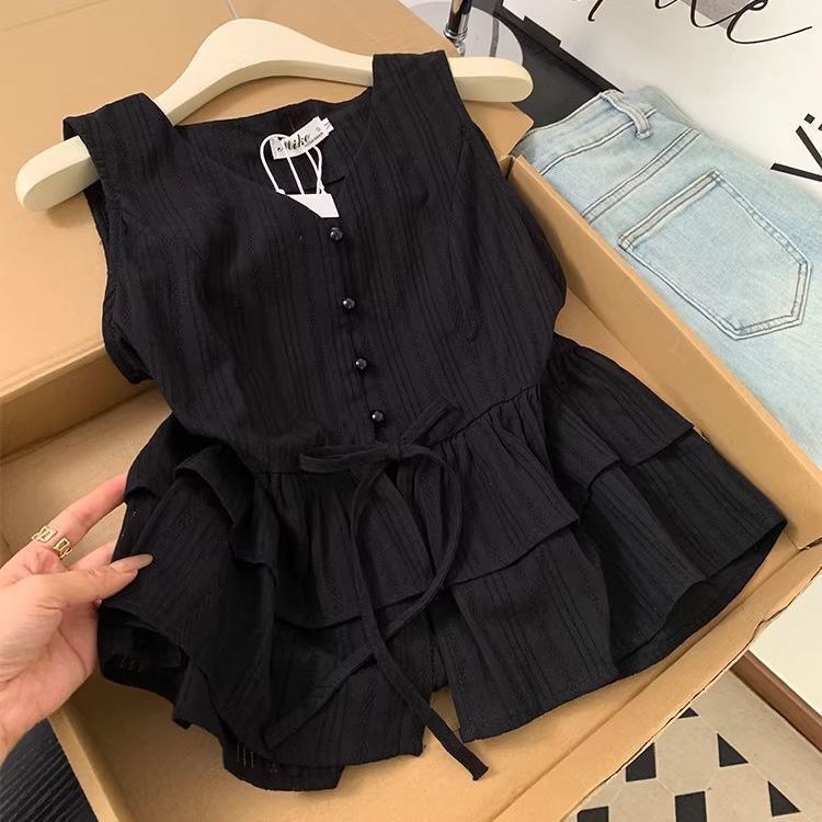 Black High-End V-Neck Bow-Tie Shirt for Women, Super Stylish for Summer, with Ruffled Hem and Sleeveless Vest Top