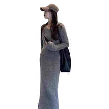 慵懒感灰色针织连衣裙子女秋冬修身显瘦大衣内搭打底毛衣长裙