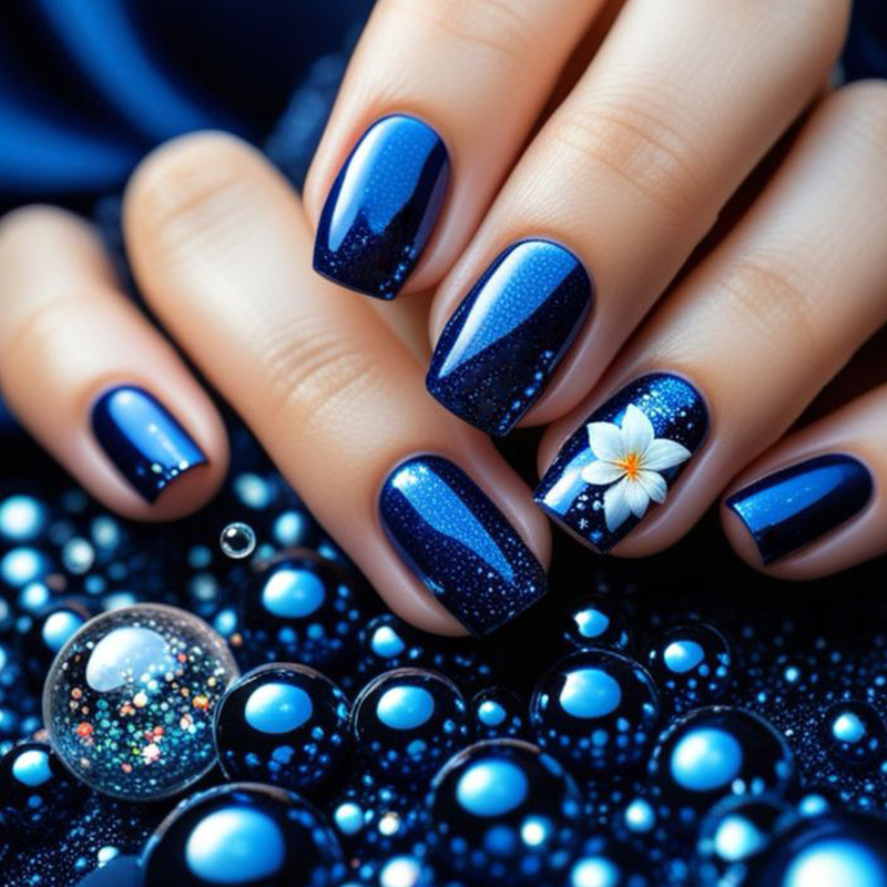Fashionable Medium-Sized Square Press-On Nails in Dark Blue with Polka Dot Floral Pattern, Reusable Fake Nails Fashionable Medium-Sized Square Press-On Nails in Dark Blue with Polka Dot Floral Pattern, Reusable Fake Nails