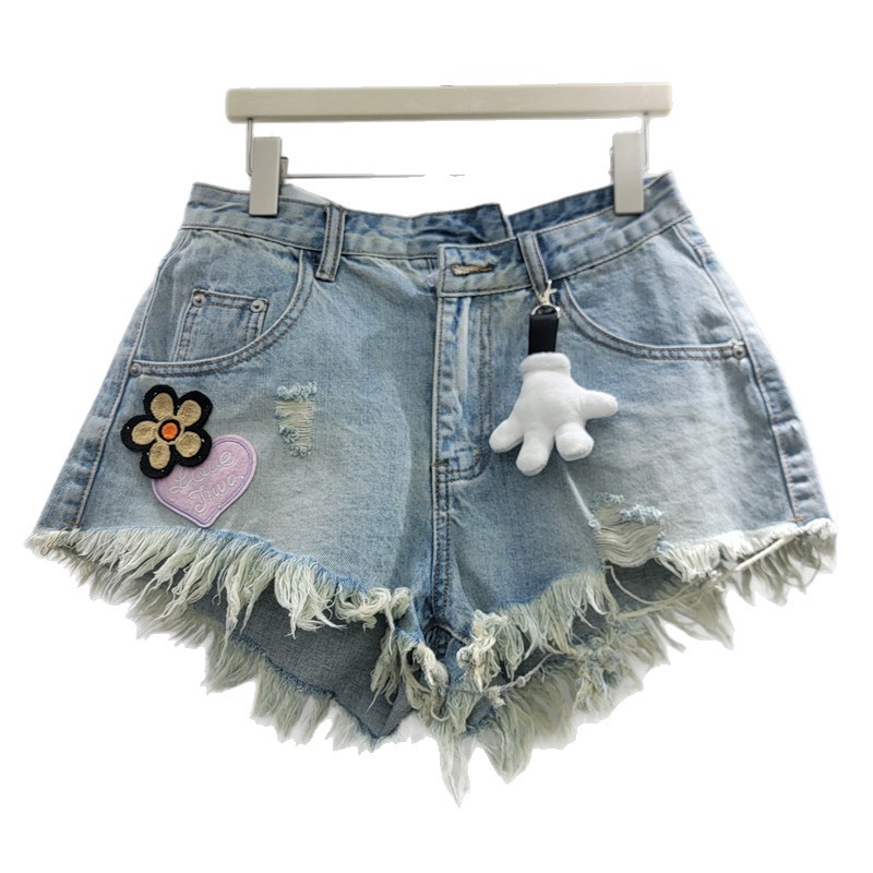 Pantalones Cortos de Mezclilla Corte en A para Mujer Deshilachados con Parche