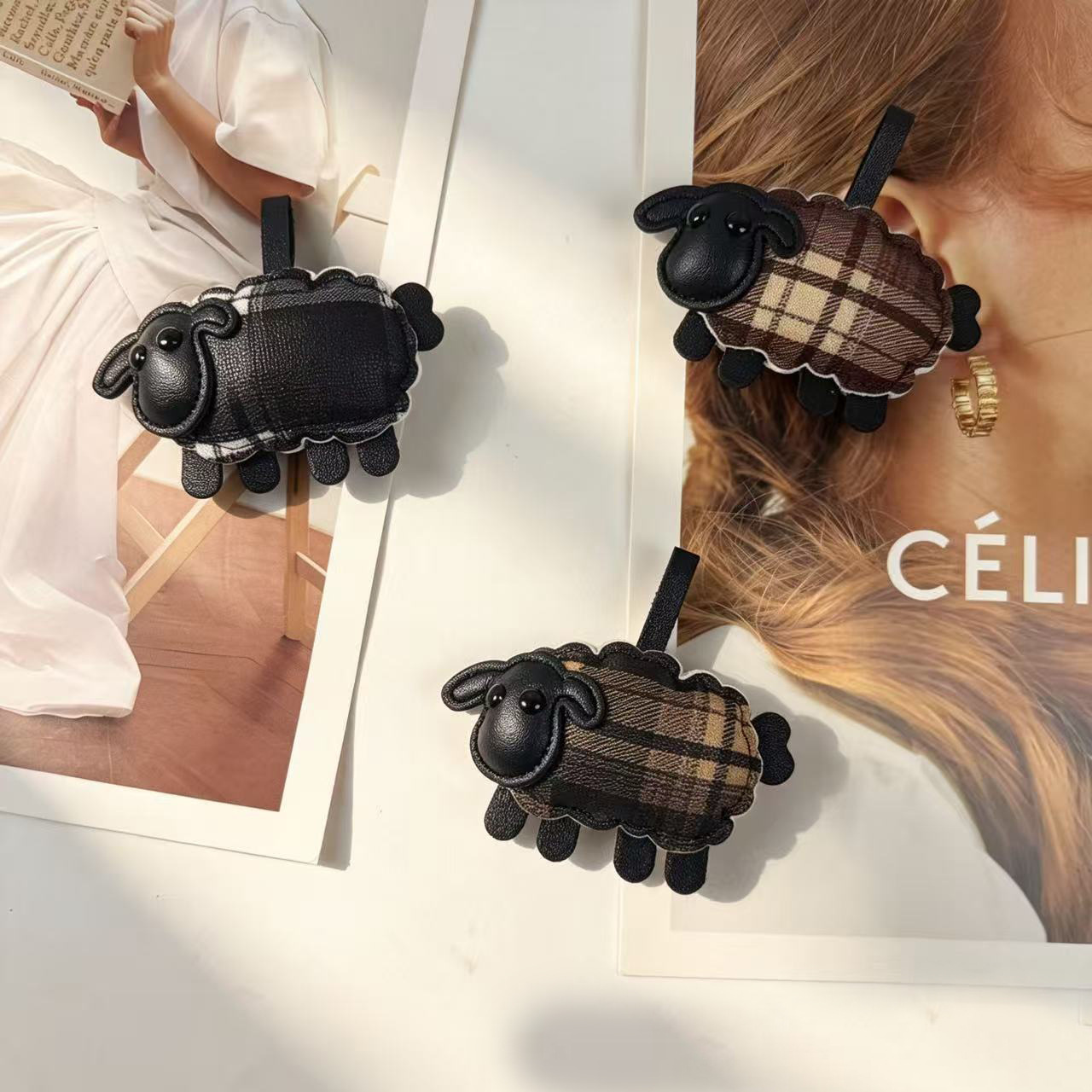 Plaid cartoon cute leather Shaun the Sheep backpack charm keychain bag accessory couple handmade gift