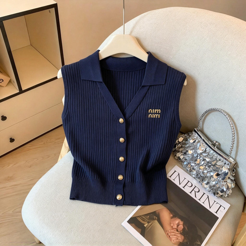 Light Luxury High-End Style Chanel-Inspired Sleeveless Vest 2026 Summer New Embroidered Turn-Down Collar Versatile Knit Top with Embroidery