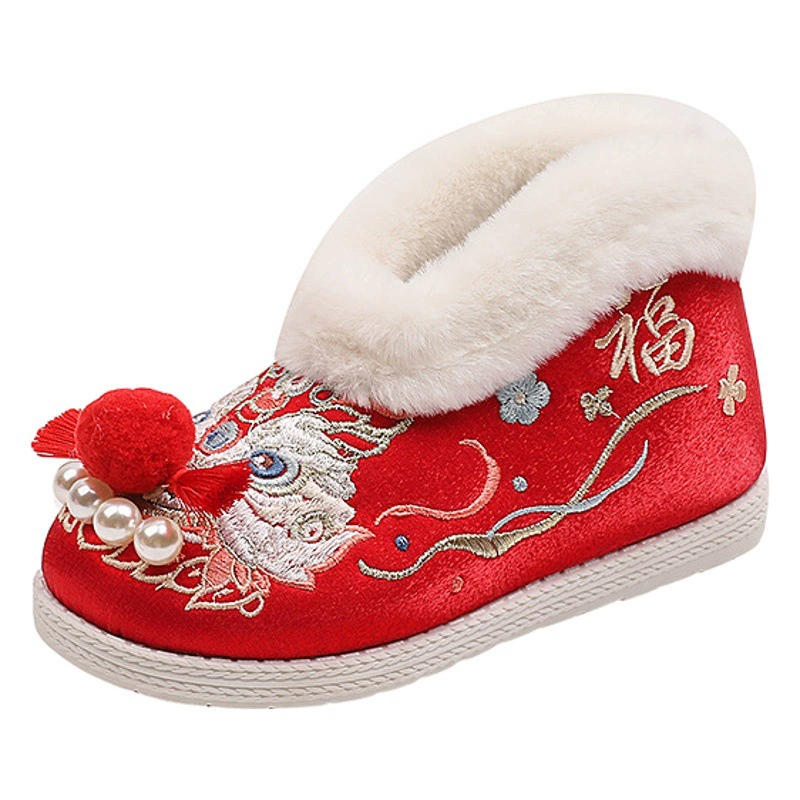 Туфли с вышивкой для девочек, зимние бархатные хлопчатобумажные туфли, новогодние туфли, детские сапоги в костюме старой пекинской принцессы, новогодние туфли, детские туфли династии Хань.