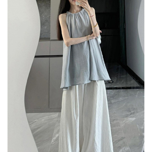 Korean-style sportswear set for women, 2026 summer fashion, elegant, sleeveless top and wide-leg pants, casual two-piece set