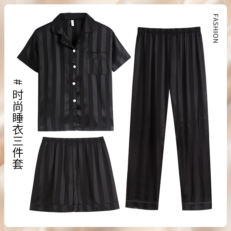 Net rojo estilo a rayas pijamas de los hombres de primavera y otoño de seda de hielo de verano de manga corta traje de tres piezas de seda real delgada ropa exterior desgaste del hogar