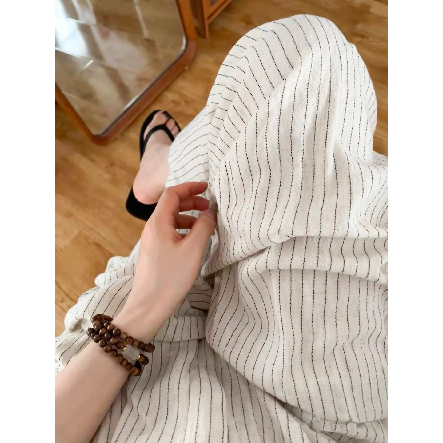 Japanese-Style Cotton and Linen Striped Wide-Leg Pants for Women, Summer 2025 New Lazy Style High-Waisted Loose Straight-Leg Linen Casual Pants