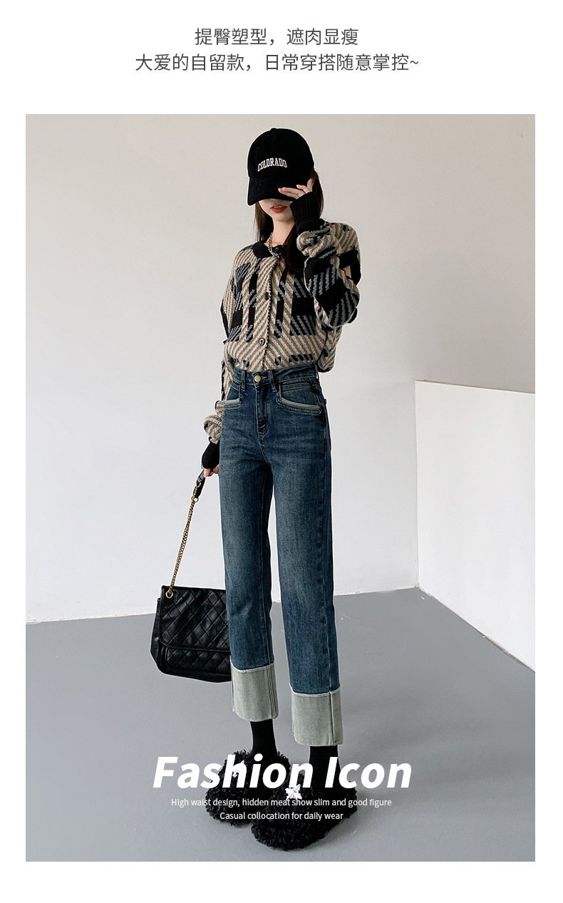 【中国直邮】HEY+JEANS 春季韩系翻边高腰显瘦九分裤 黑色 M