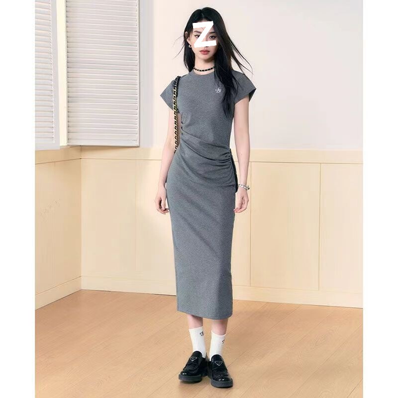 プリーツ刺繍半袖通勤ドレス、万能ラウンドネックウエストロングスカート、女性用スリムフィット|undefined