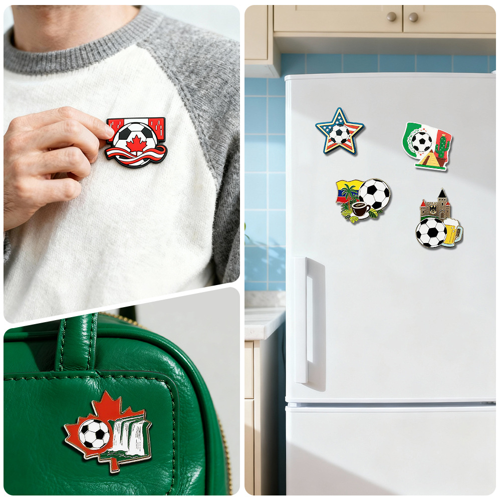 Personalizado 2026 Copa del Mundo de Estados Unidos, Canadá y México insignia conmemorativa de PVC fútbol refrigerador pegado broche fans alrededor de la fábrica de regalos