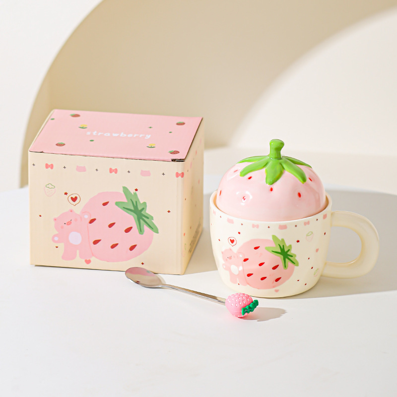 Taza de cerámica de oso de fresa con taza de regalo para chicas taza de marca doméstica de alto valor de pareja taza de desayuno de leche